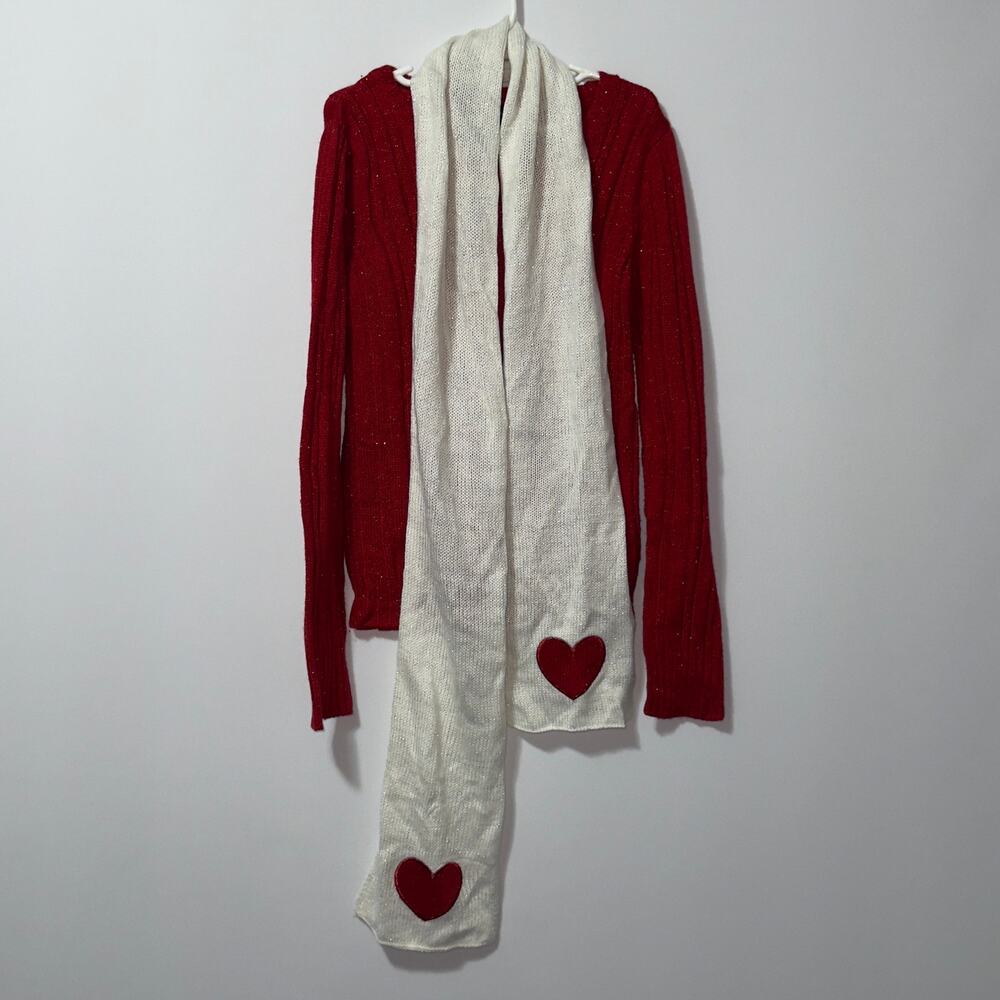 Faded Glory Girls Red Metallic Sweater & White Scarf Set Size M (7/8)